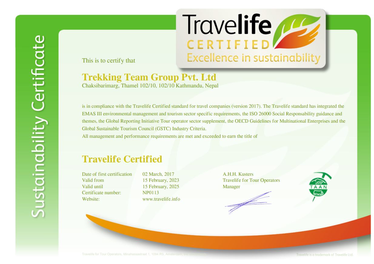 A travel report of trekking team group company which shows the certification of travel life 